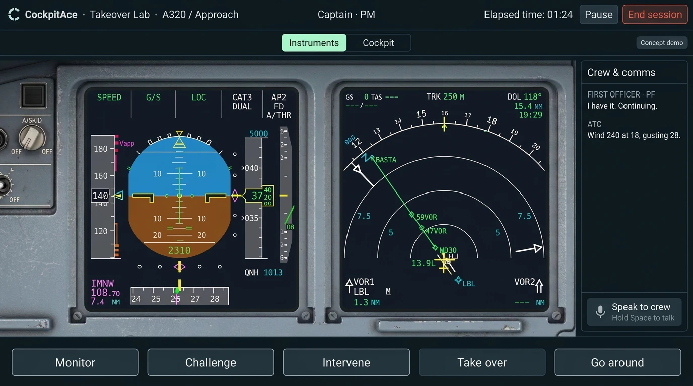 Firefly-created CockpitAce Takeover Lab concept: large captain-side PFD and ND, crew communication panel, and initial response buttons.